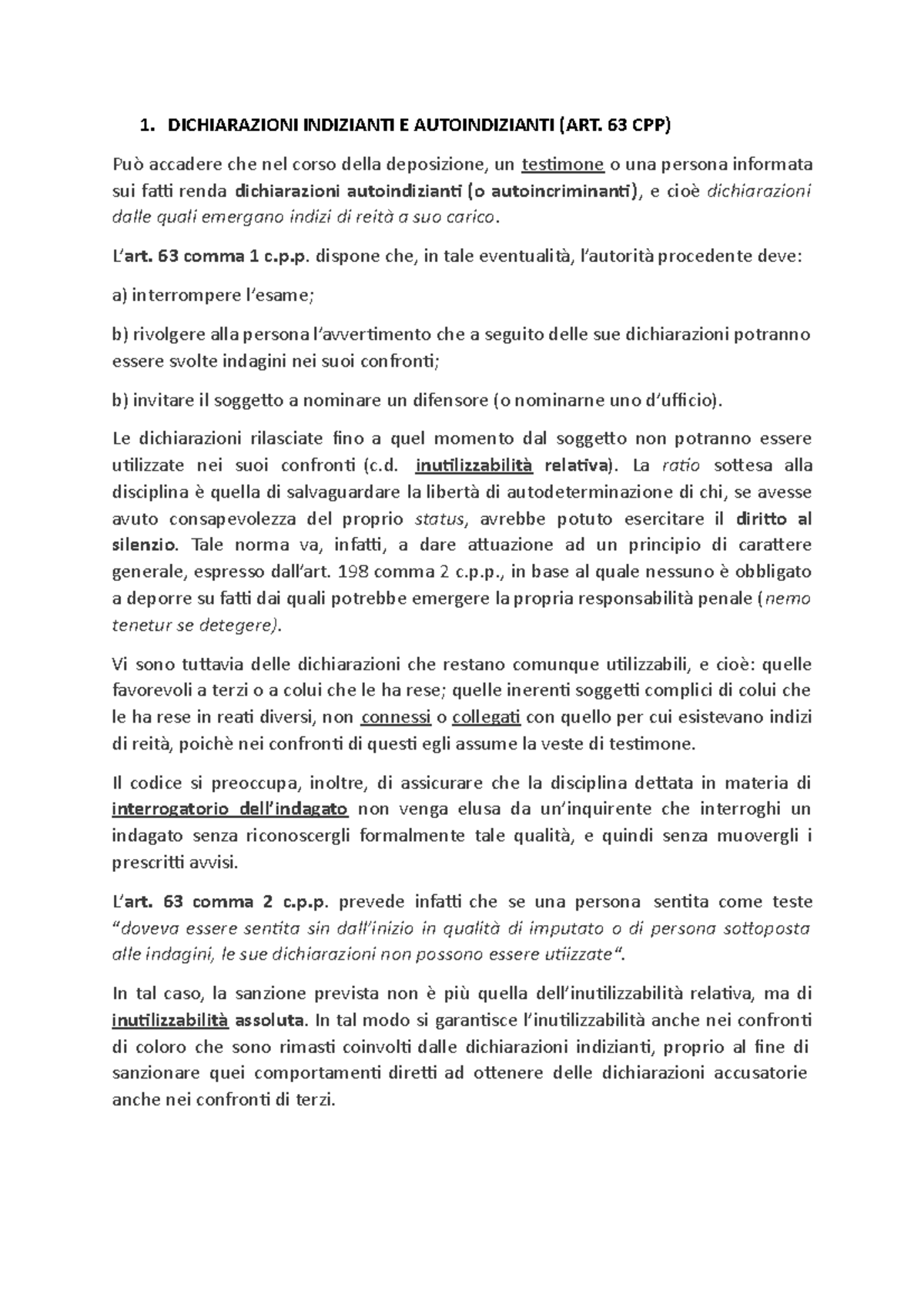 Procedura penale Unibo - 1. DICHIARAZIONI INDIZIANTI E AUTOINDIZIANTI ...