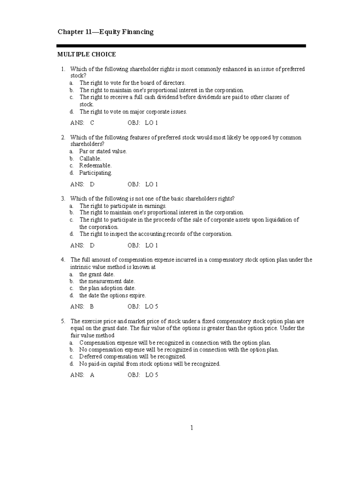 Equity-test-banks compress - Chapter 11—Equity Financing MULTIPLE ...