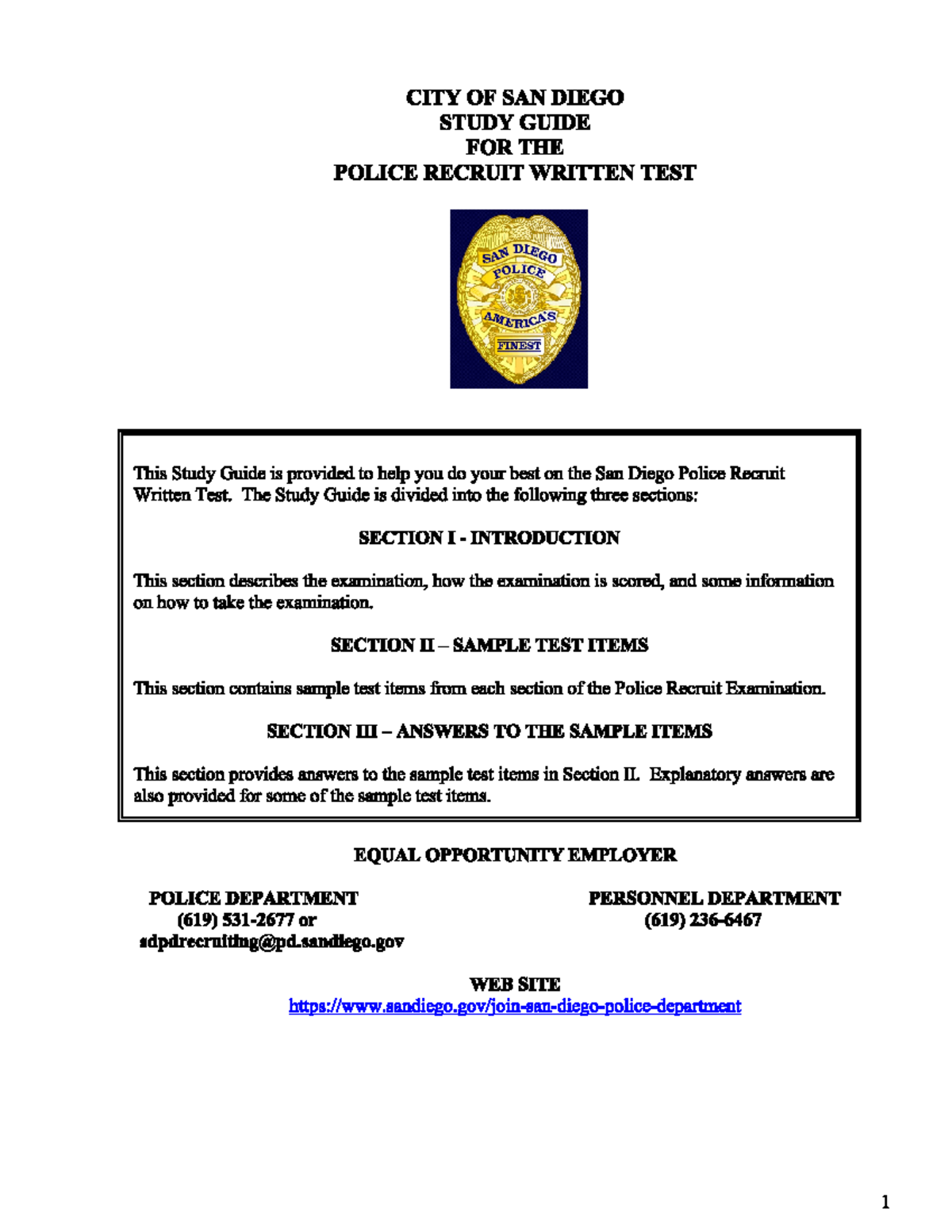 Test - notes - CITY OF SAN DIEGO STUDY GUIDE FOR THE POLICE RECRUIT WRITTEN TEST SAN DIEGO ...