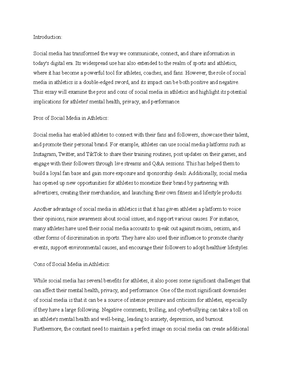 Title The Role of Social Media in Athletics Boon or Bane - Introduction ...