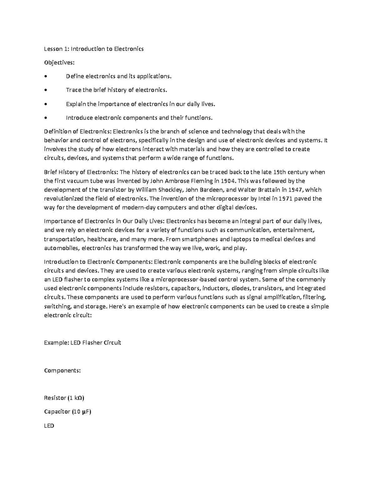 Ee1 - module - Lesson 1: Introduction to Electronics Objectives: Define ...