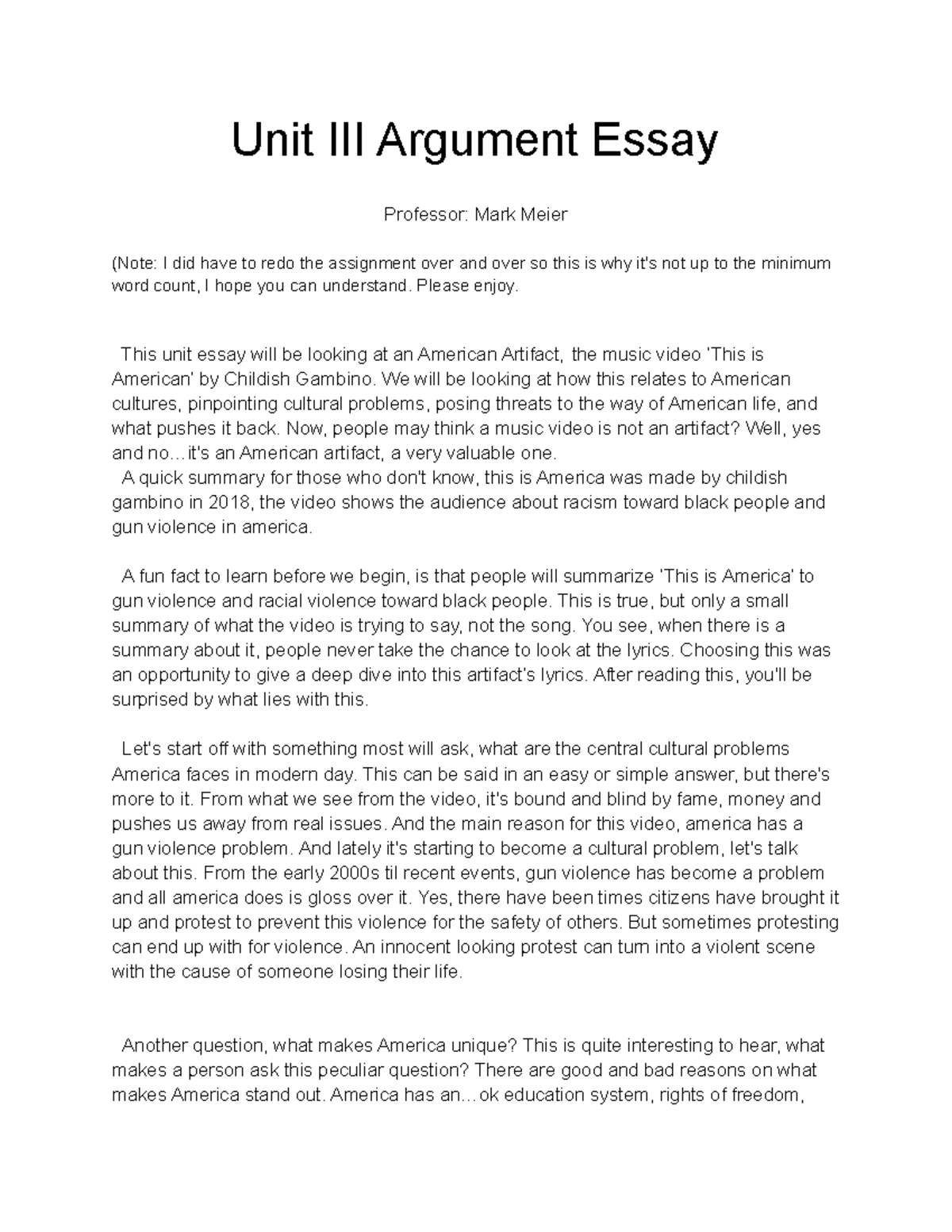 Unit III Argument Essay - Unit III Argument Essay Professor: Mark Meier ...