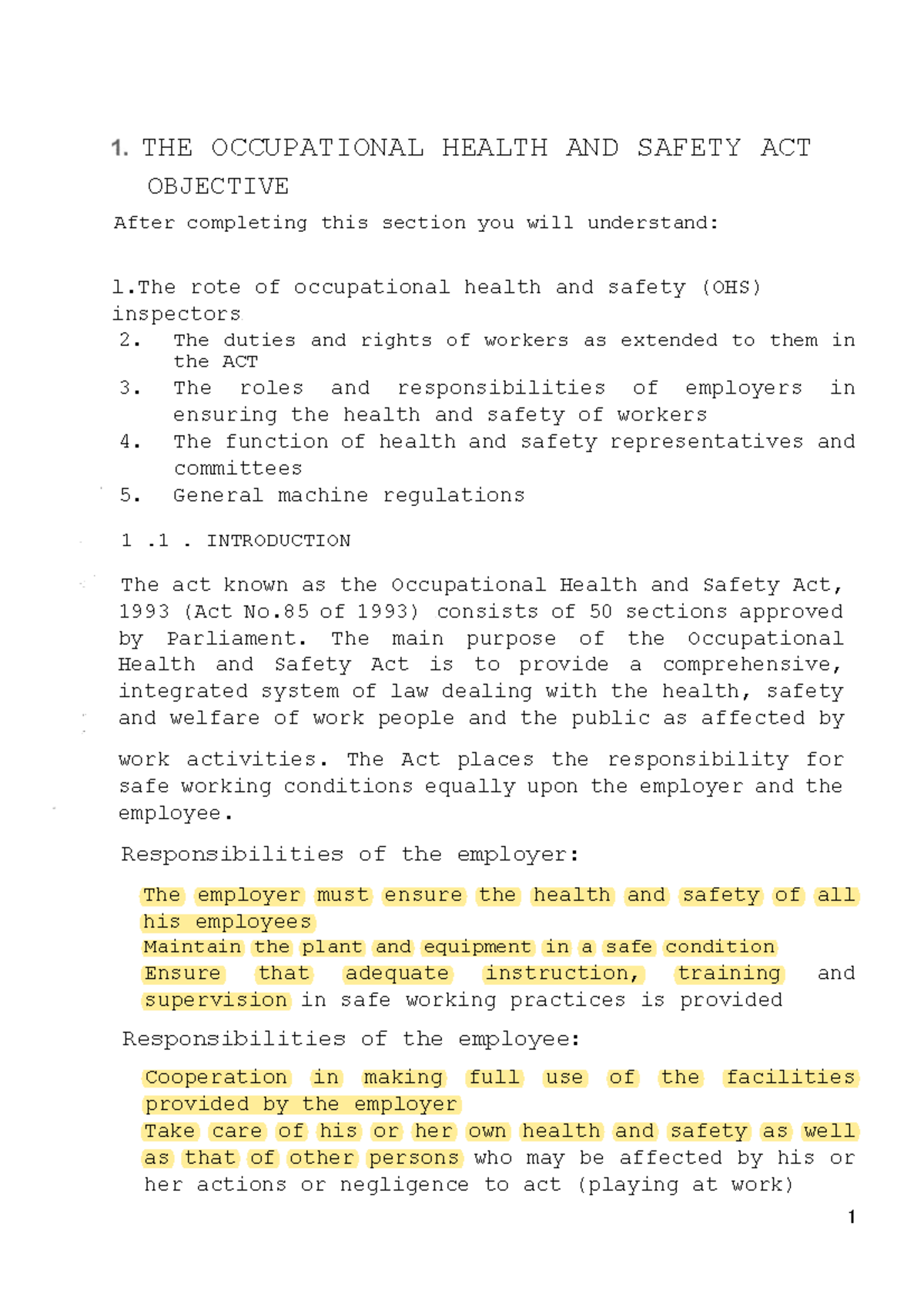 Chapter 2 Occupational Health and Safety REV 02 THE OCCUPATIONAL HEALTH AND SAFETY ACT