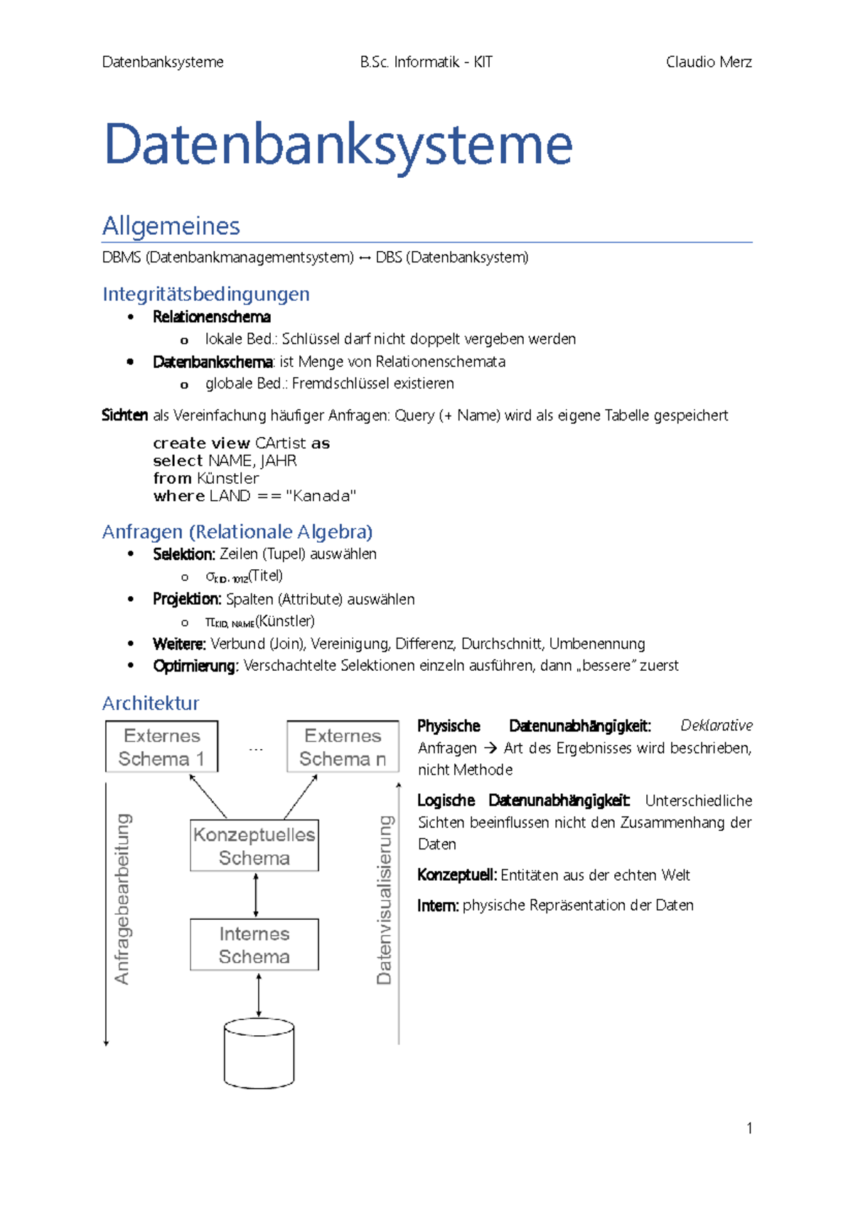 Zusammenfassung-Datenbanksysteme - Datenbanksysteme Allgemeines DBMS ...