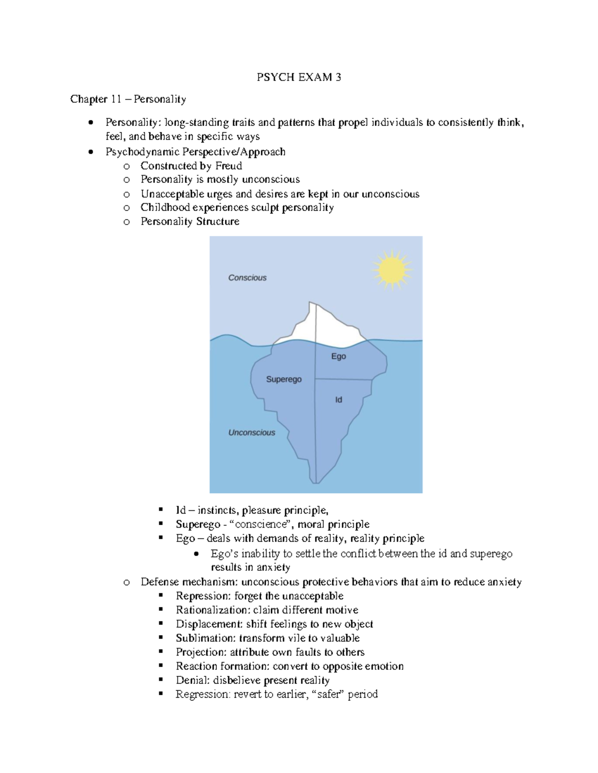 psych exam 3 notes - PSYCH EXAM 3 Chapter 11 – Personality Personality ...