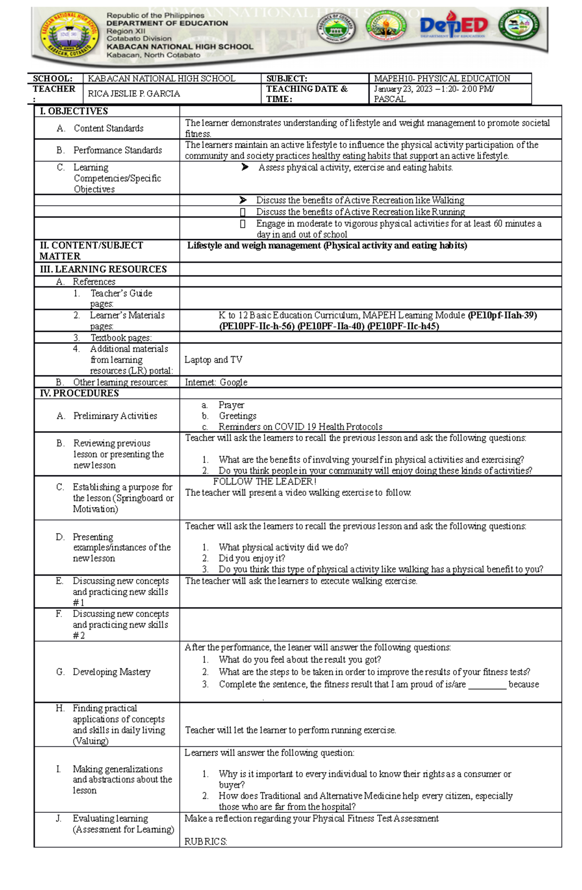 PE- jan 23 - lesson plan - I. OBJECTIVES A. Content Standards The ...