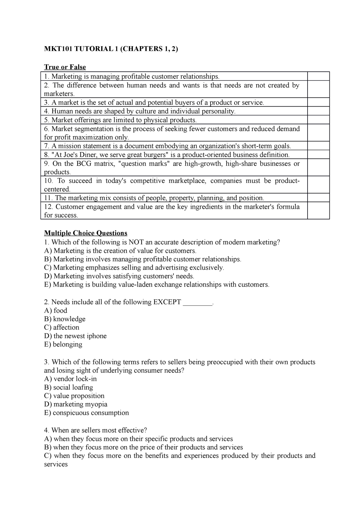 MKT101 Tutorial 1 ( Chaps 1, 2) - MKT101 TUTORIAL 1 (CHAPTERS 1, 2 ...