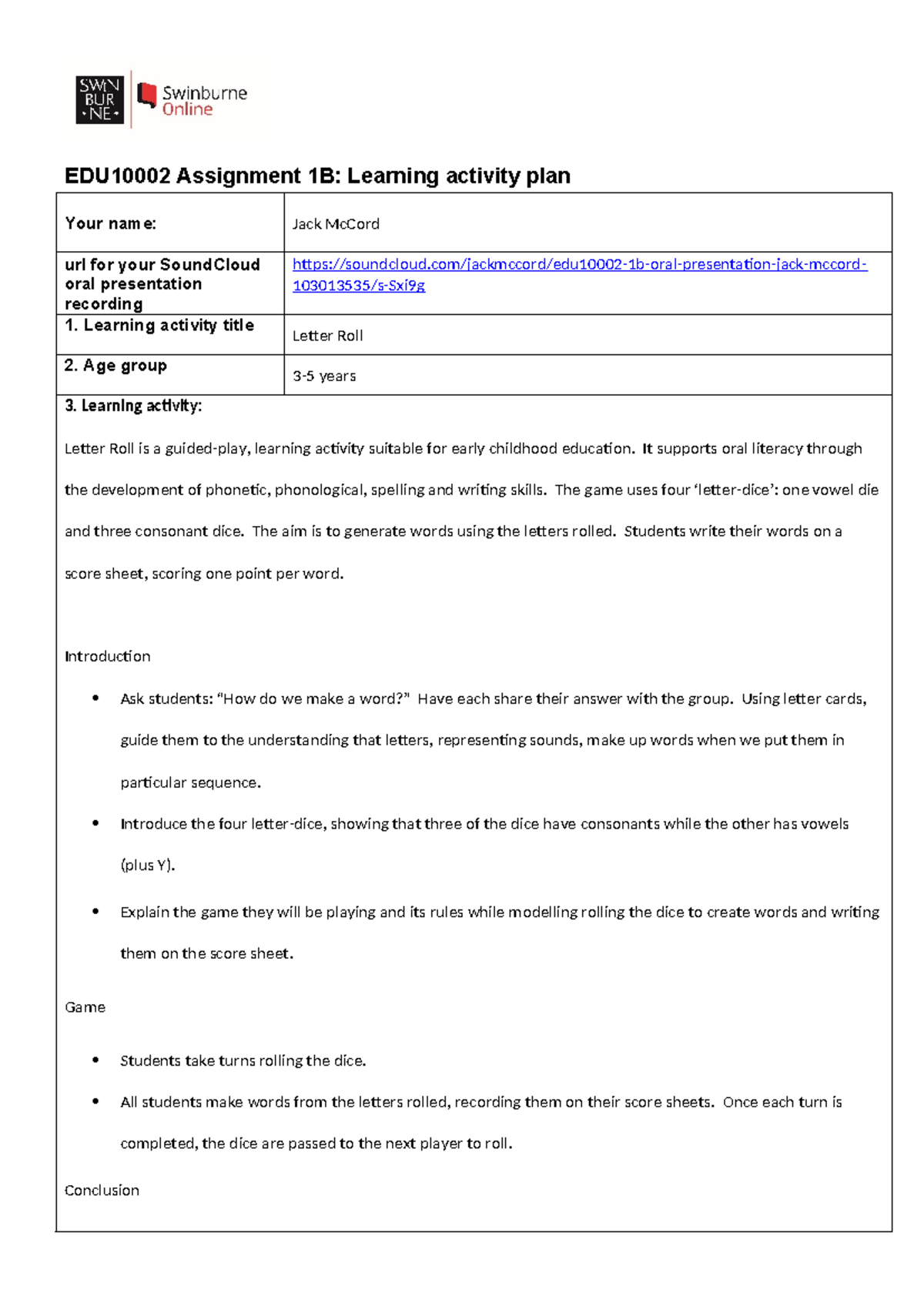 10002 A1B - Primary Learning Activity Plan - EDU10002 Assignment 1B ...