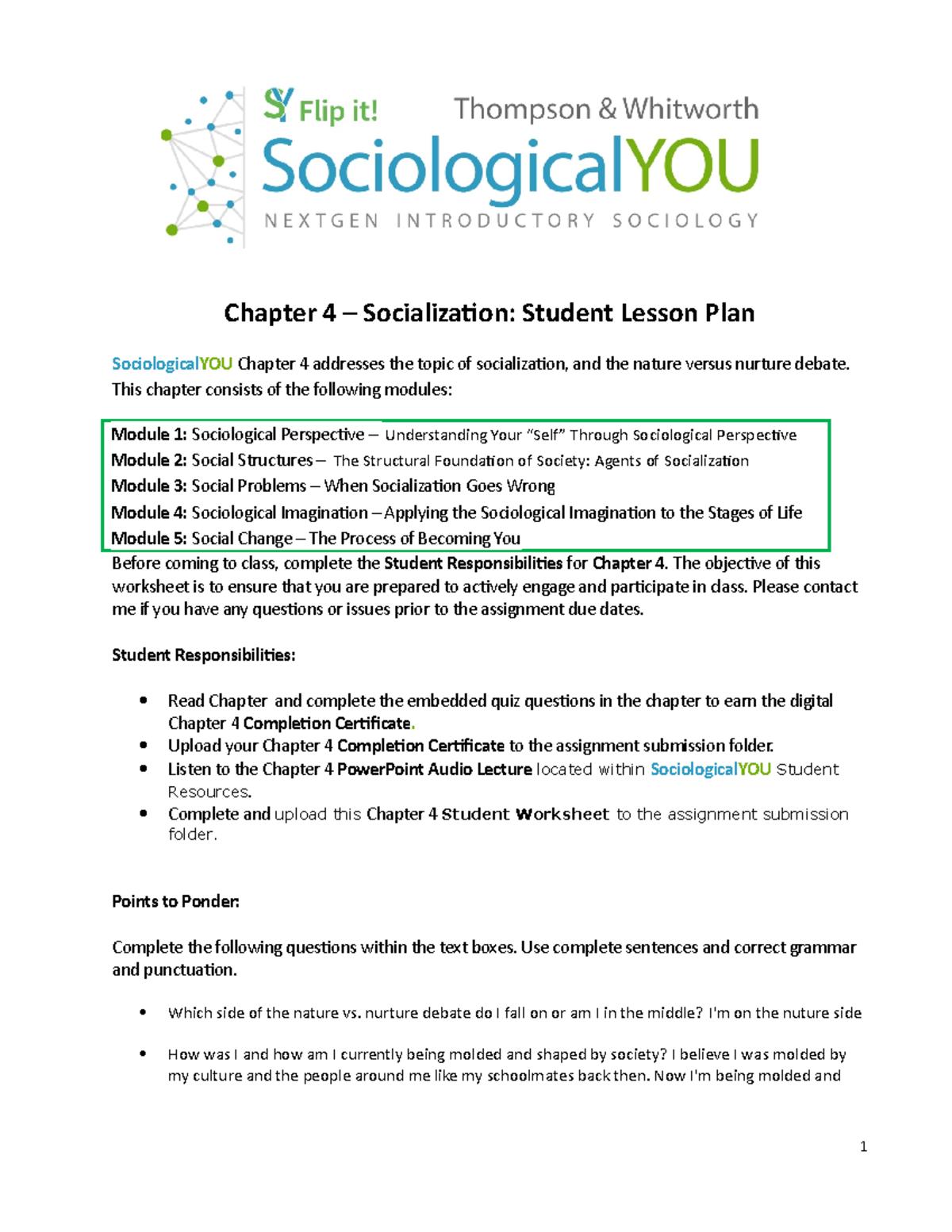 Chapter 4 Student Worksheet - Chapter 4 – Socialization: Student Lesson ...