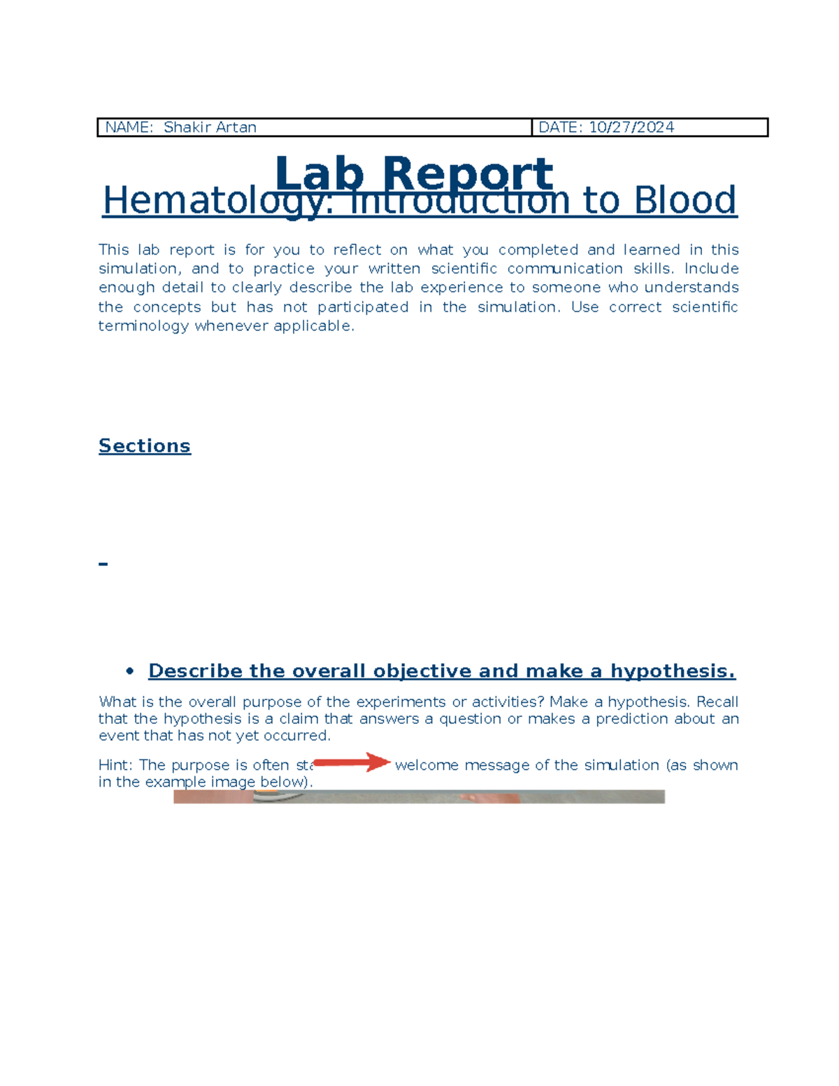 Lab Report Hematology Introduction to Blood Updated Shakir Artan - NAME ...