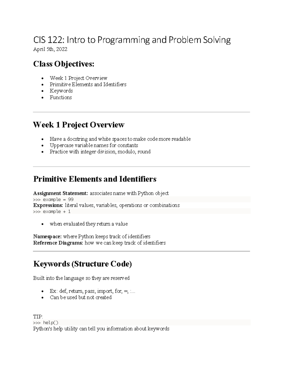 Wk2 d1 s22 notetaker - class CIS 122 notes - CIS 122: Intro to ...