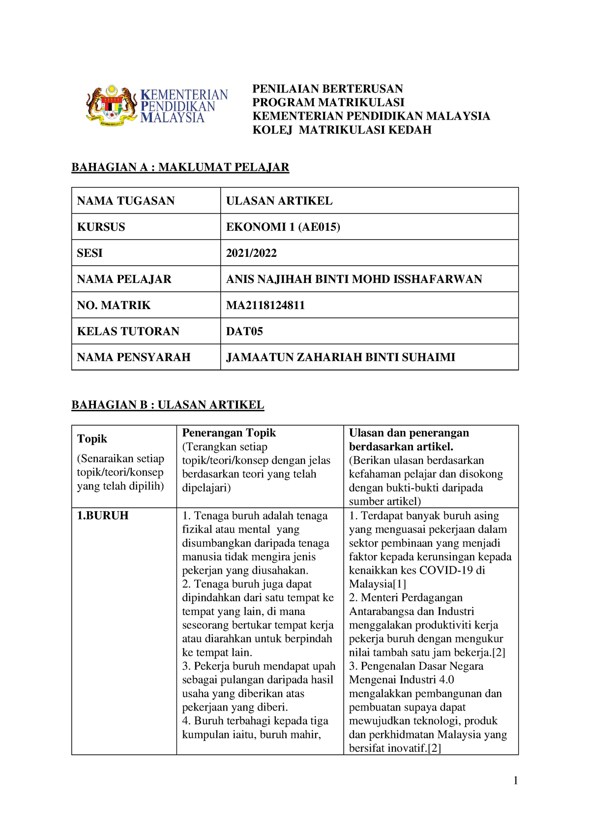 contoh assignment ekonomi matrikulasi