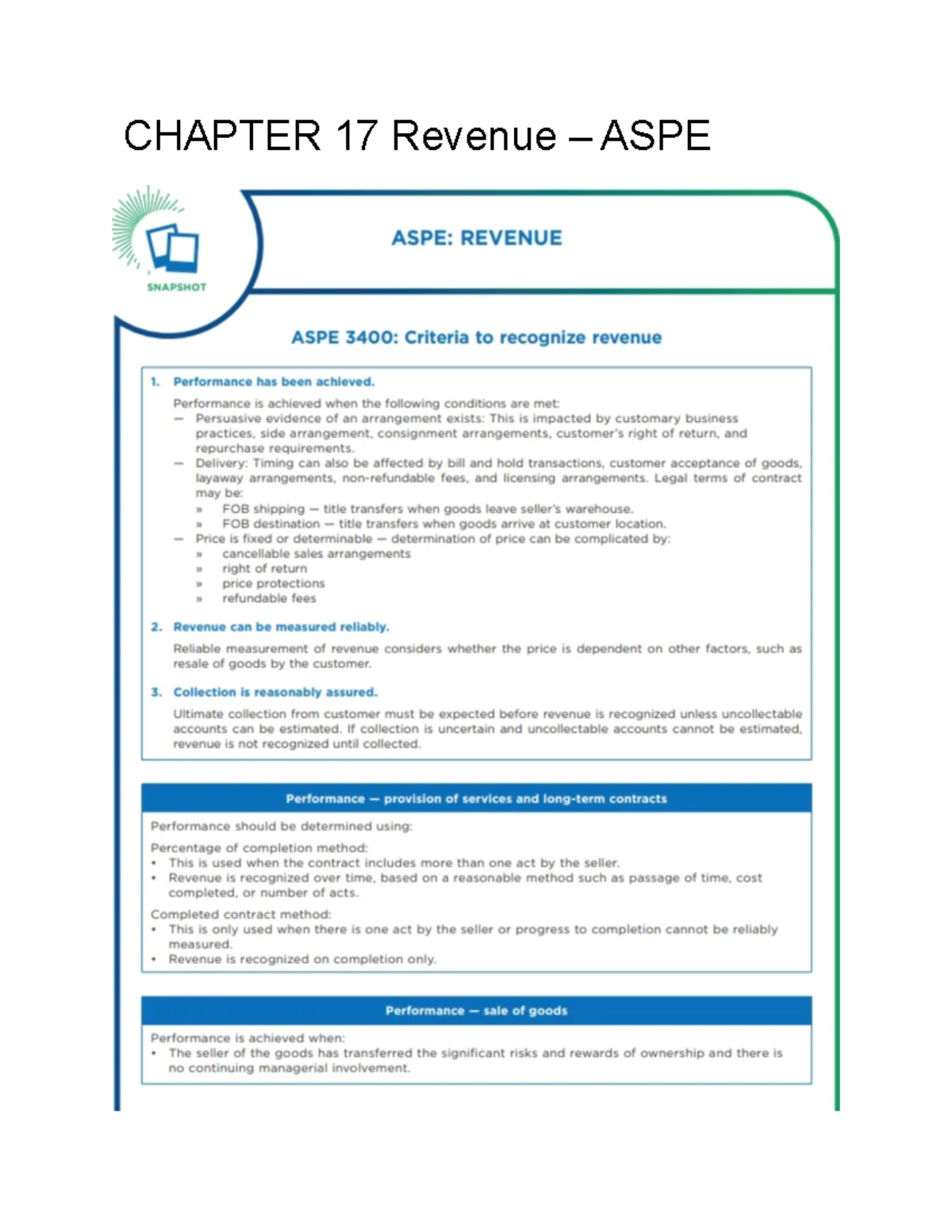 CH17 Notes Revenue - CHAPTER 17 Revenue – ASPE Overview Technical ...