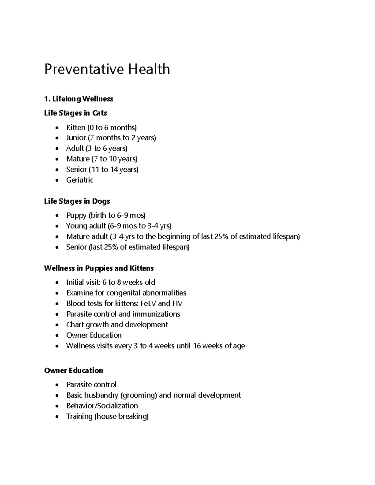 Small Animal Management and Clinical Procedures Preventative Health