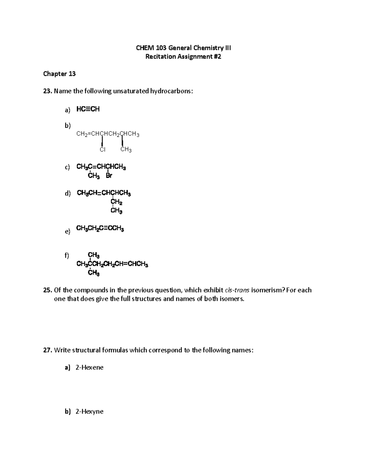 CHEM 103 Recitation Assignment - CHEM 103 General Chemistry III ...