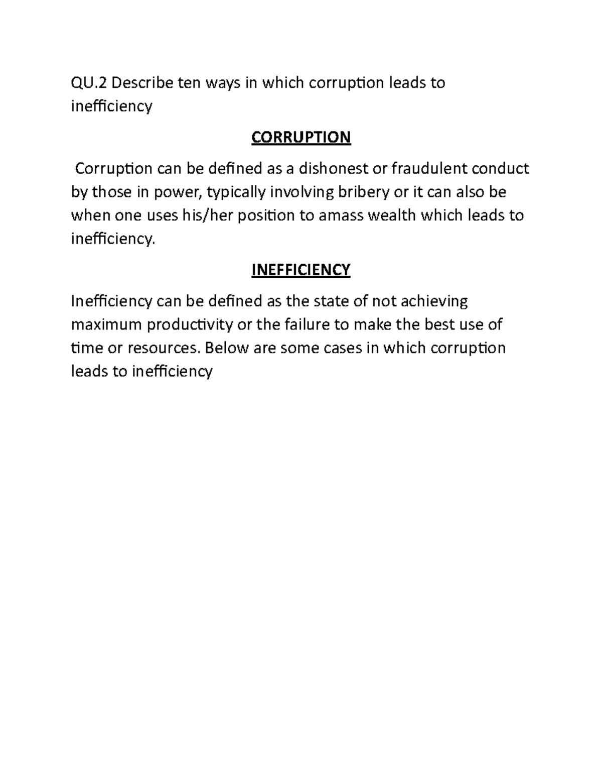 Corruption - QU Describe ten ways in which corruption leads to ...
