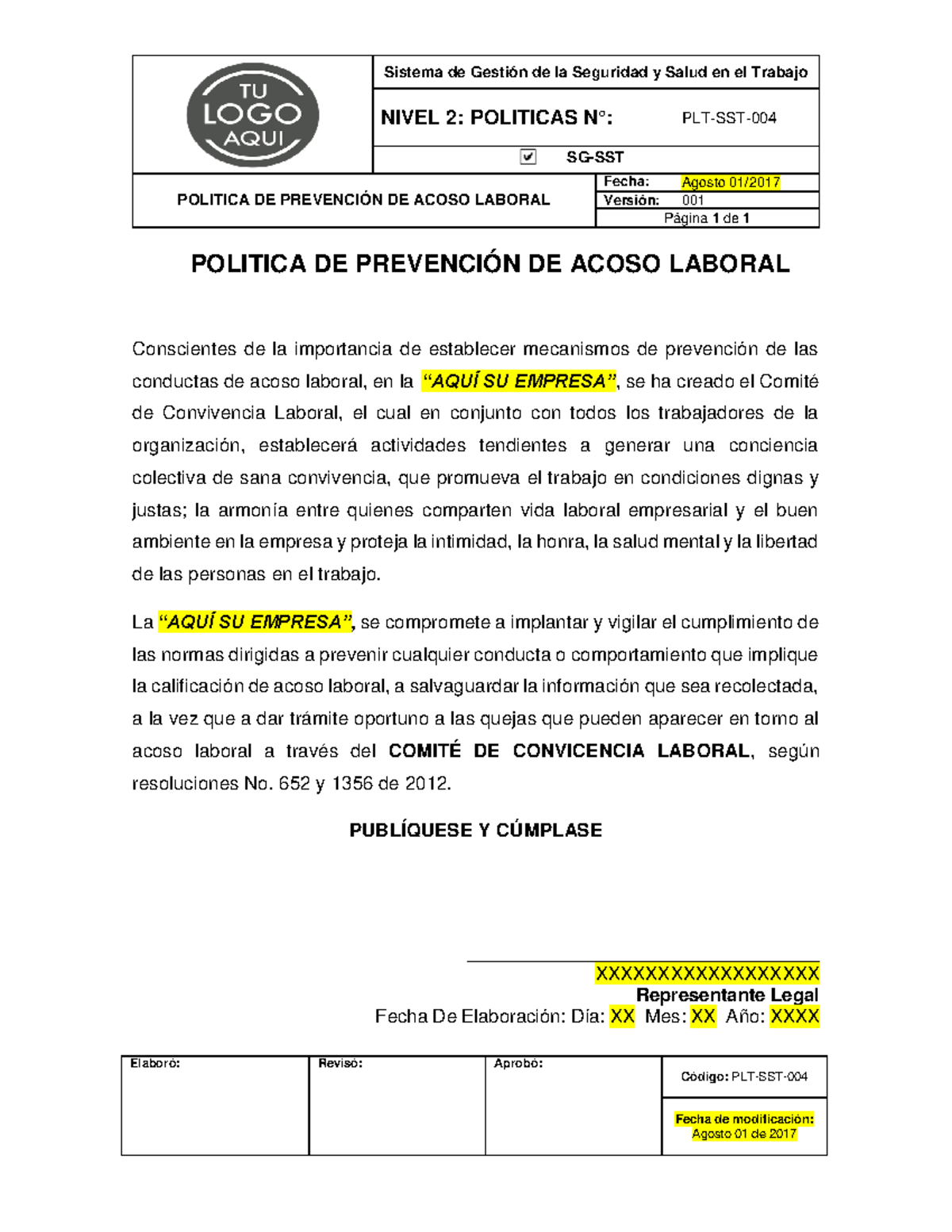 Plt Sst 004 Política De Prevención De Acoso Laboral Sistema De