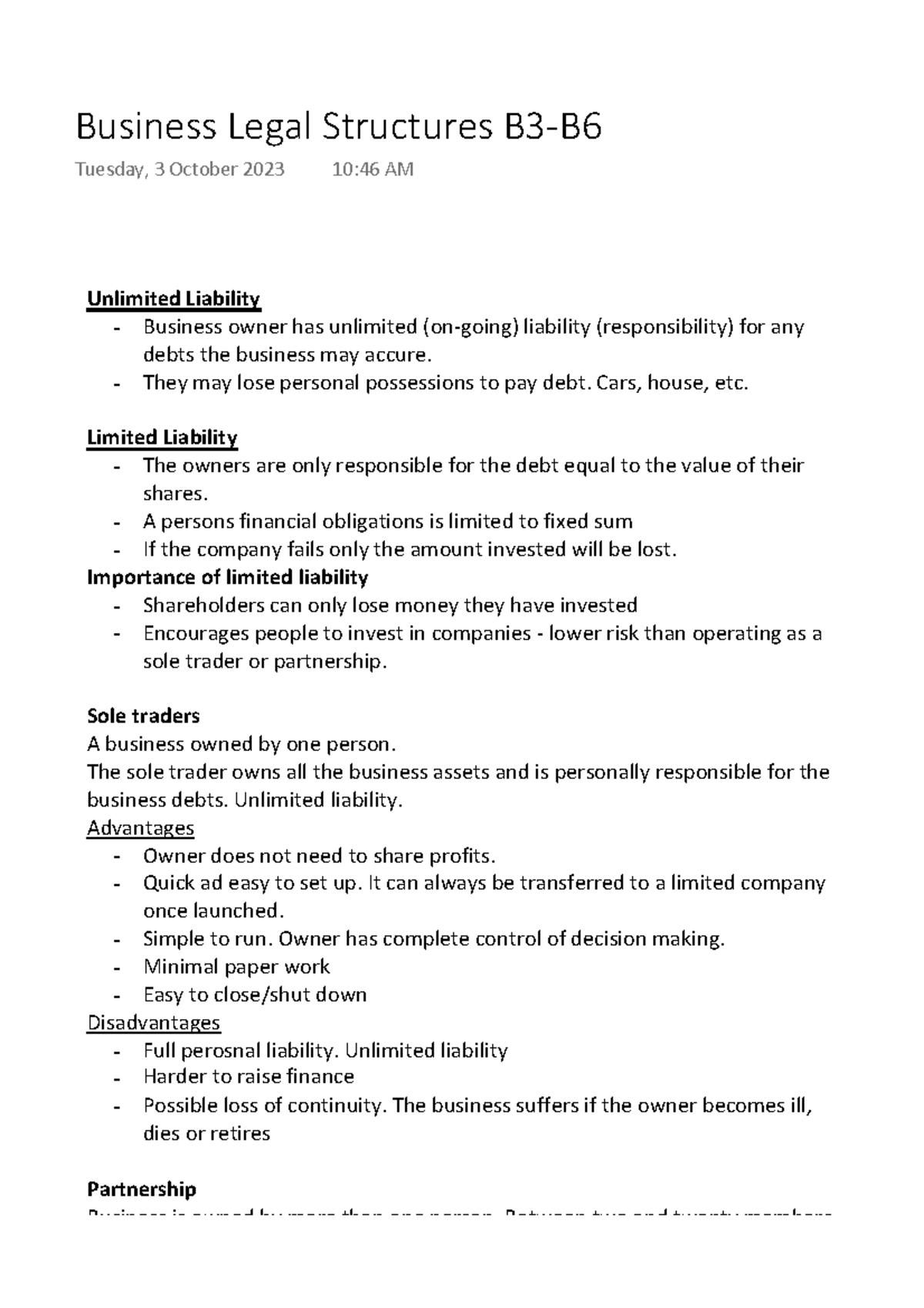 Business Legal Structures B3-B6 - Unlimited Liability Business owner ...