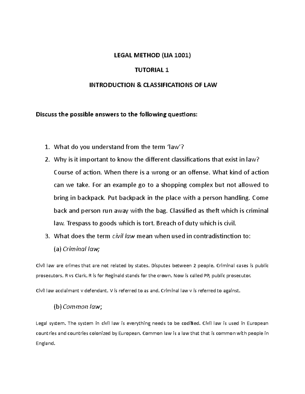 Tutorial 1 Introduction and Classification - LEGAL METHOD (LIA 1001 ...