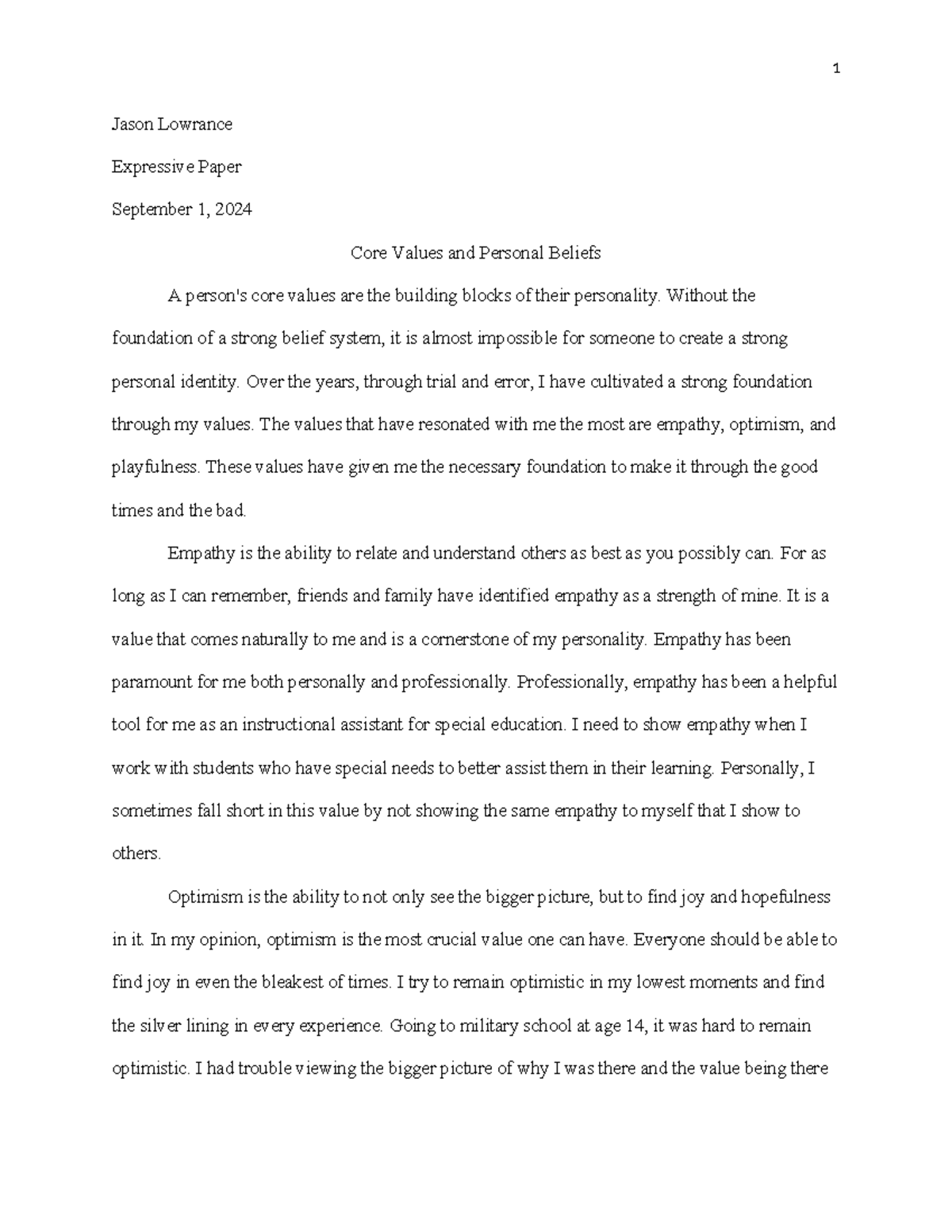 Expressive Essay - Passed - 1 Jason Lowrance Expressive Paper September ...