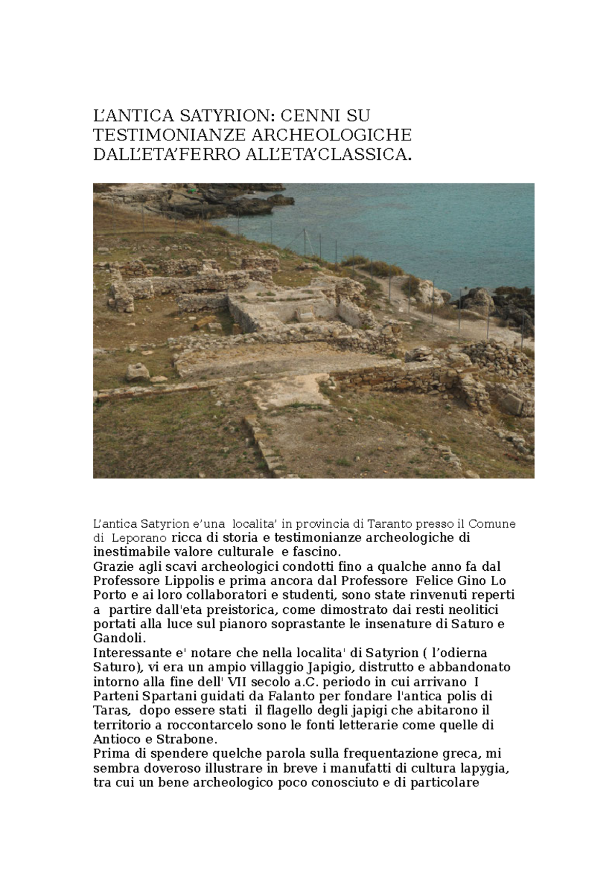 Saturo - testimonianze archeologiche sull'antica Satyrion - L’ANTICA ...