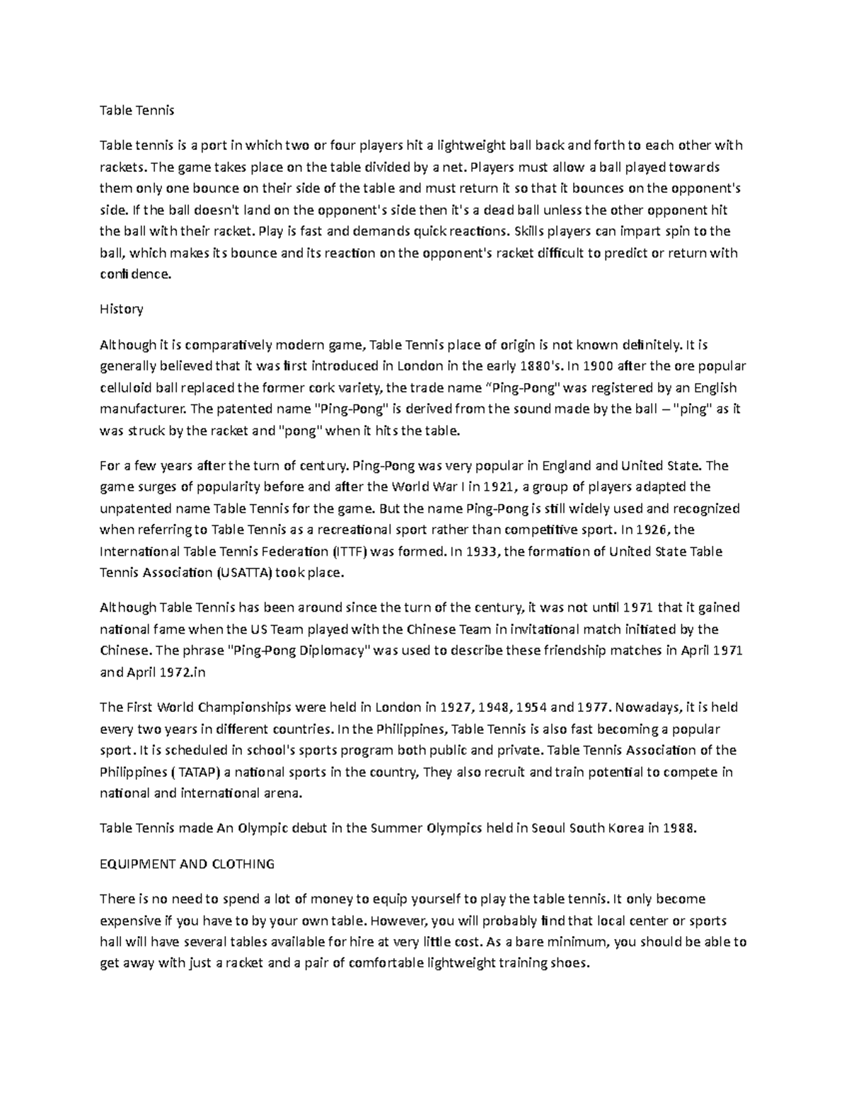 Table Tennis (History, Rules and Terminologies) Table Tennis Table