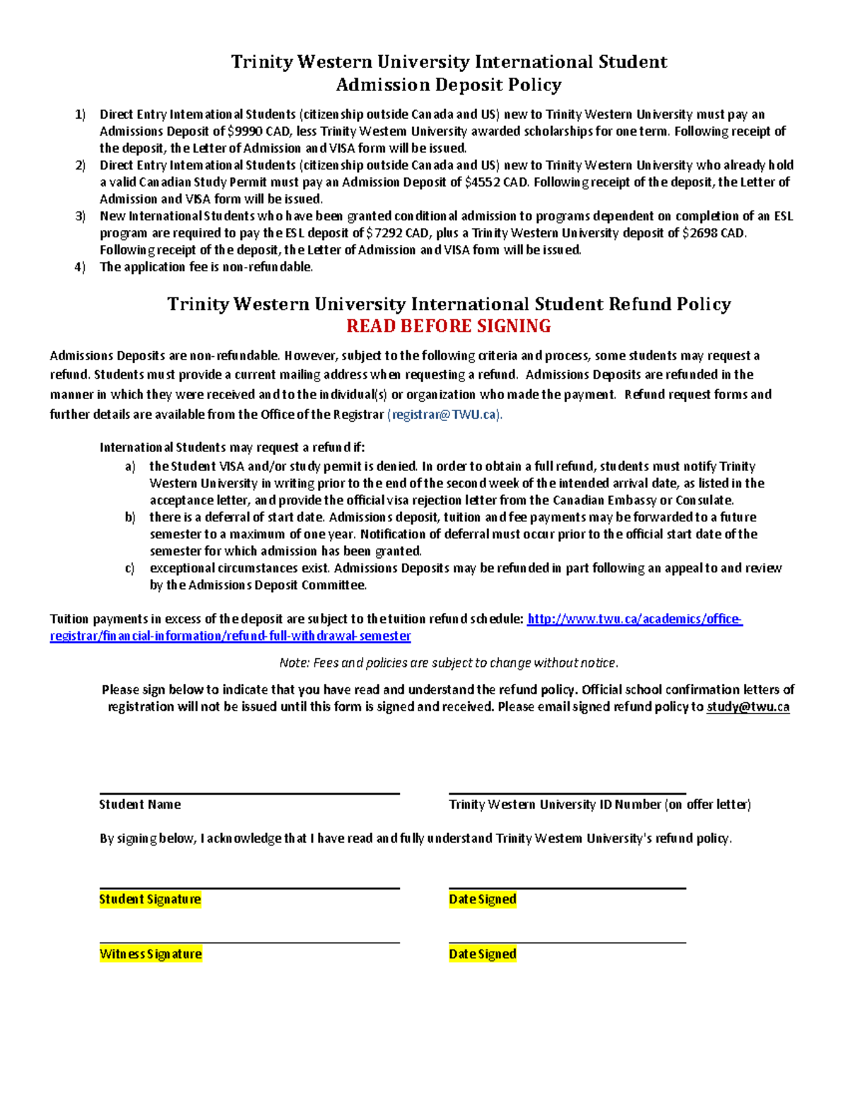 Refund Policy Form - Trinity Western University - Trinity Western