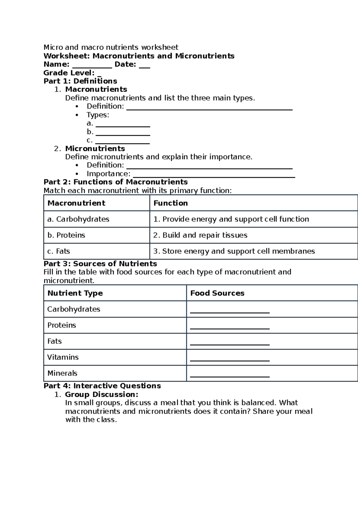 Micro and macro nutrients worksheet - Micro and macro nutrients ...