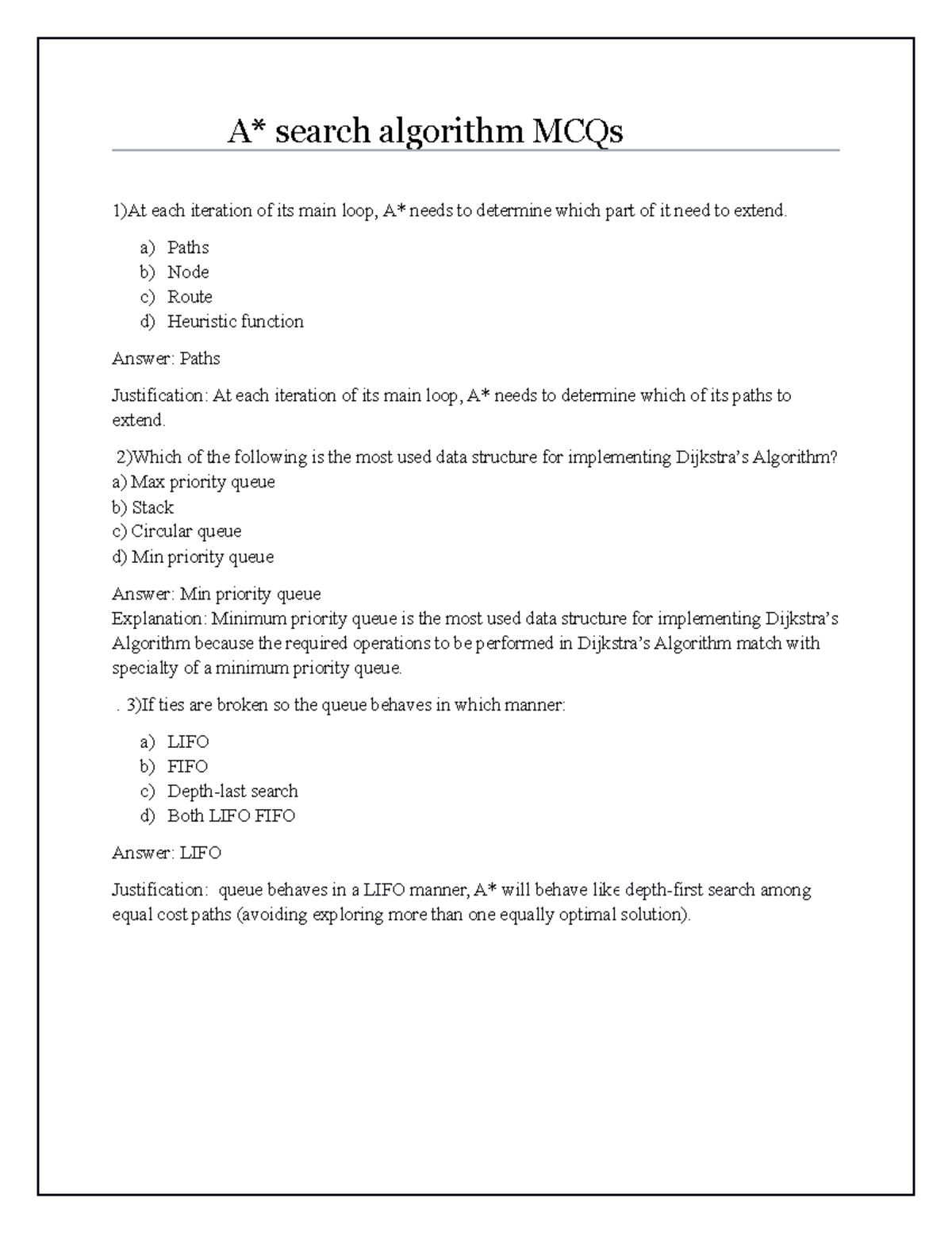 Week04 Lab1 - Design 5 MCQ for A star - A* search algorithm MCQs 1)At ...