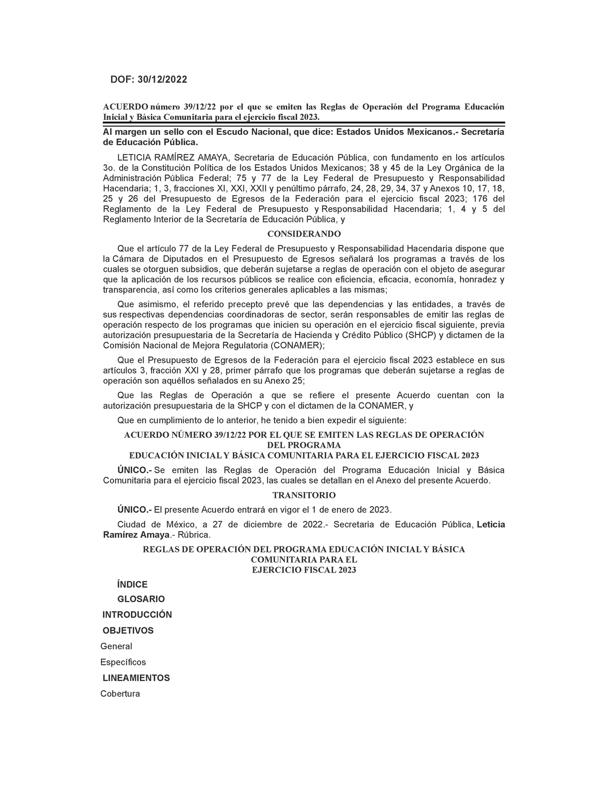 Reglas de Operación EI y Básica Comunitaria 2023 - DOF: 30/12/ ACUERDO ...