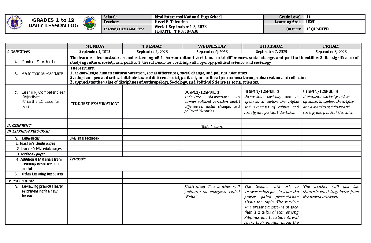 LBT-3Q UCSP-W1 - For Practice Materials - GRADES 1 to 12 DAILY LESSON ...