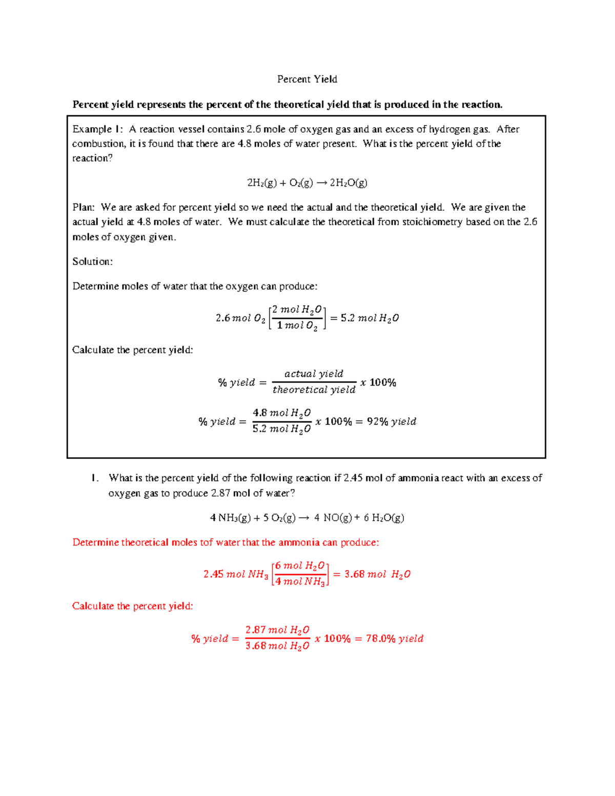 percent yield homework answer key