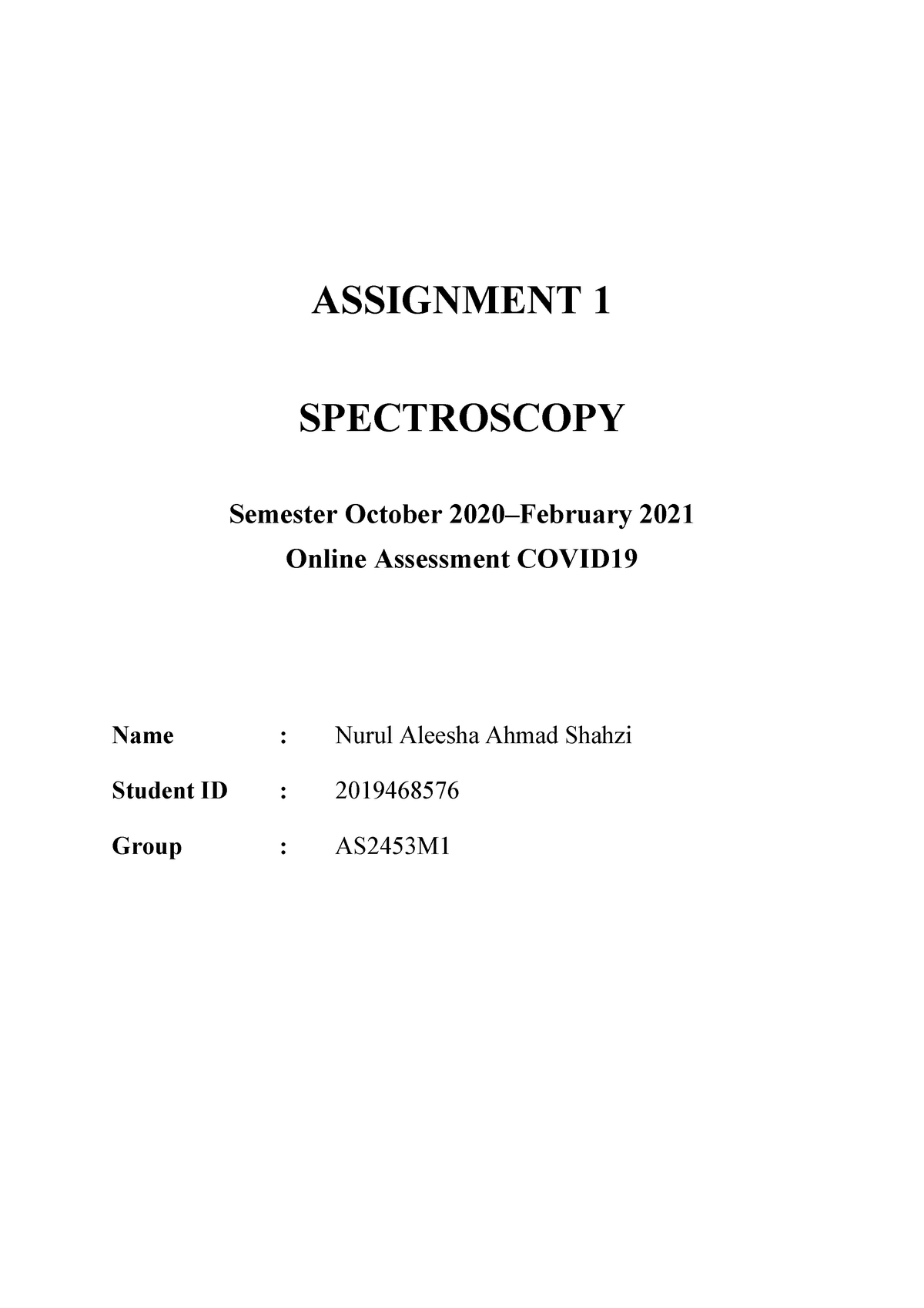 Spectroscopy Assignment - ASSIGNMENT 1 SPECTROSCOPY Semester October ...