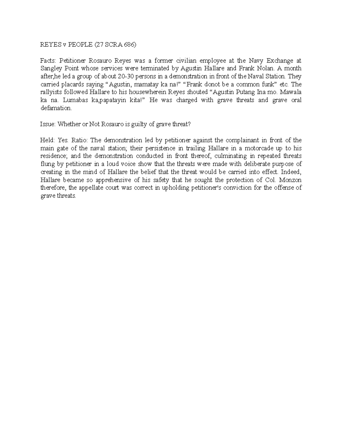 182. Reyes v People - law - REYES v PEOPLE (27 SCRA 686) Facts ...
