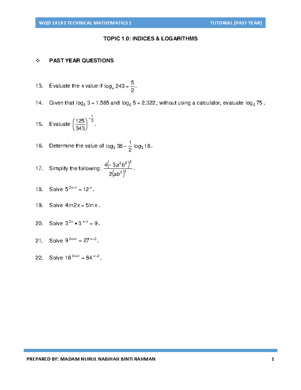 Topic 1.0 Tutorial (Past Year) - WQD 10103 TECHNICAL MATHEMATICS 1 ...