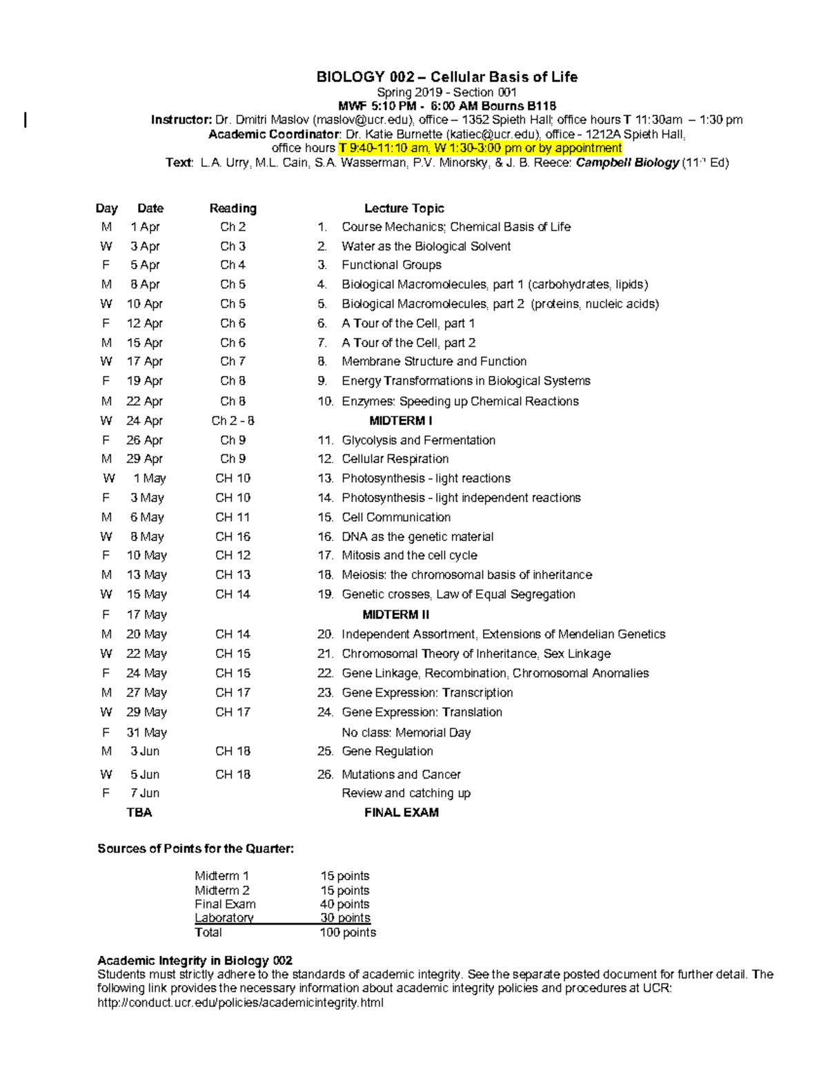 Syllabus Biol 002 Spring 2019 - BIOLOGY 002 – Cellular Basis Of Life ...