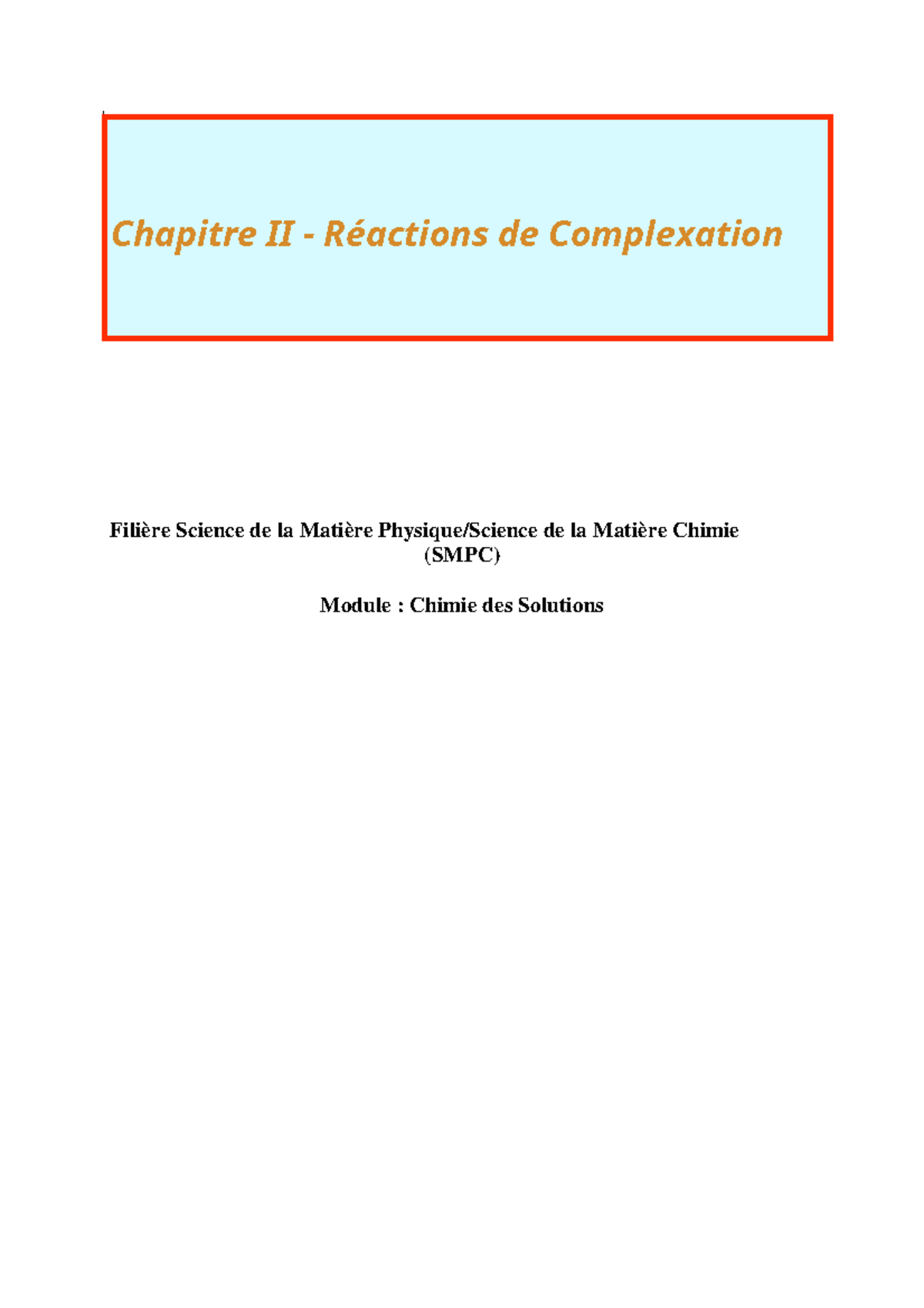 Chimie de solution reactions de complexation Filière Science de la — free download
