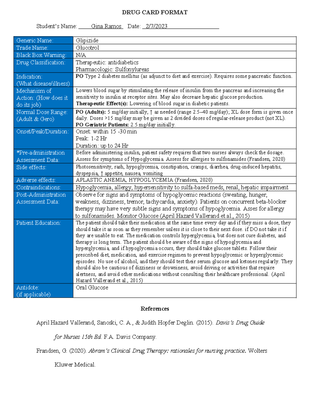 Glipizide - drug cards - DRUG CARD FORMAT Student’s Name: Gina Ramos ...
