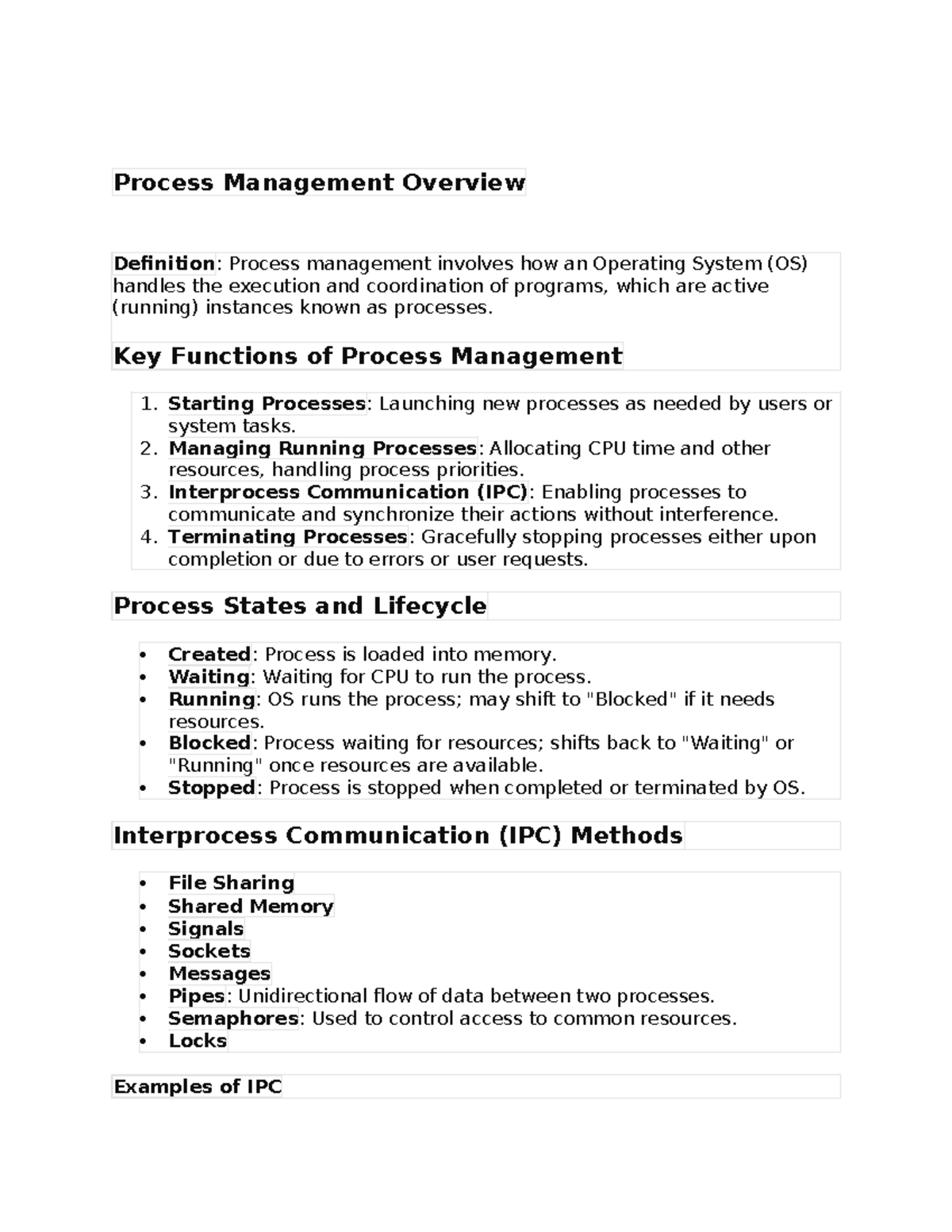 Websystems - NOTES - Process Management Overview Definition: Process ...