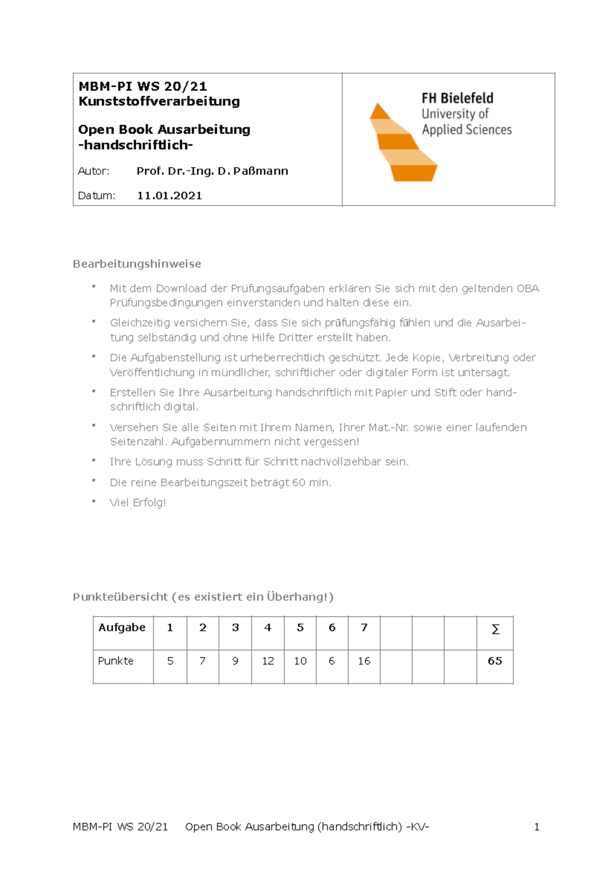 KV OBA WS20 21 - Klausur - Bearbeitungshinweise Mit Dem Download Der ...