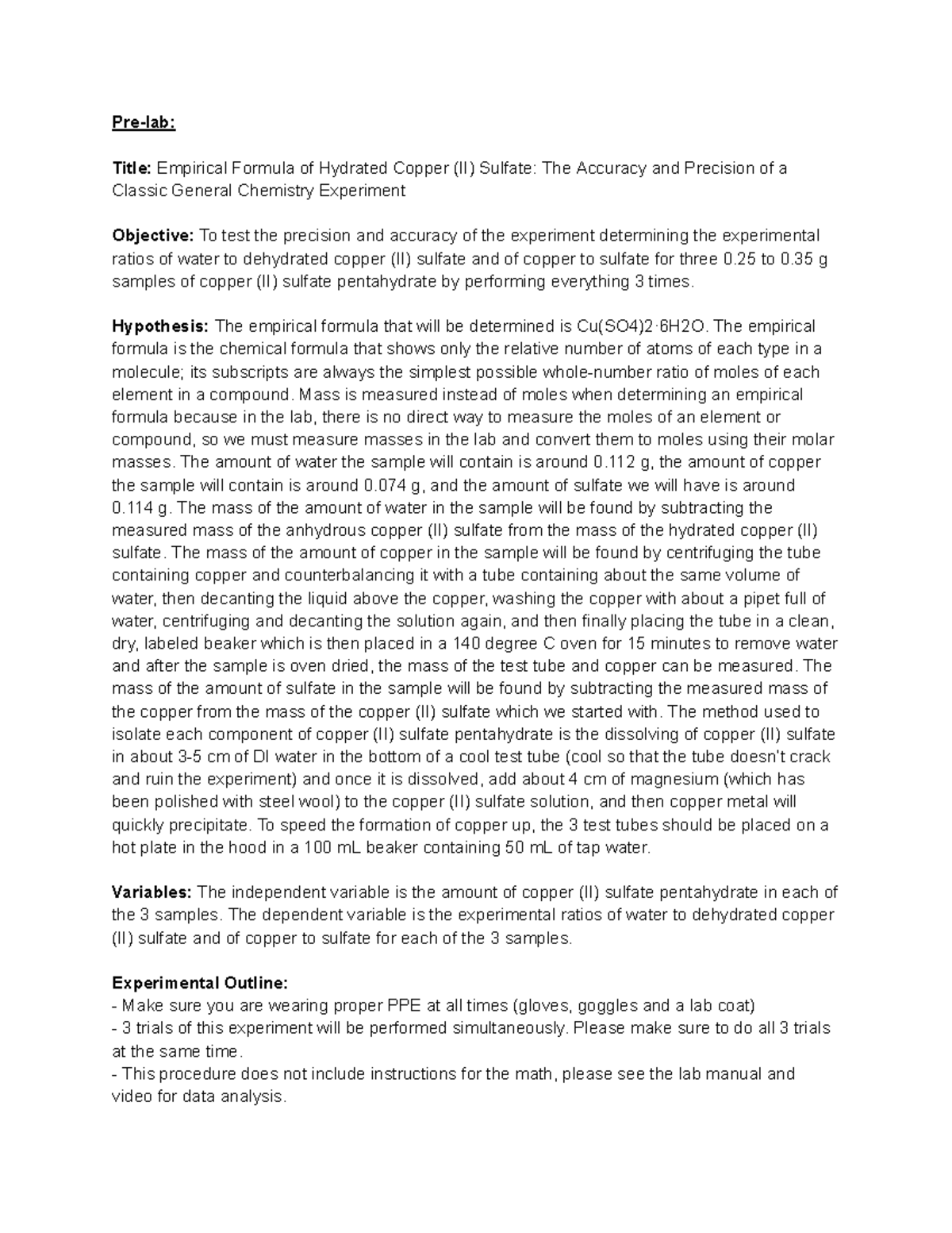 Lab report Empirical Formula of Hydrated Copper (II) Sulfate The