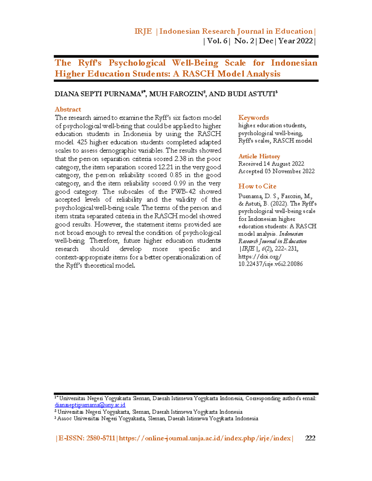 The Ryff’s Psychological Well-Being Scale for Indonesian Higher ...