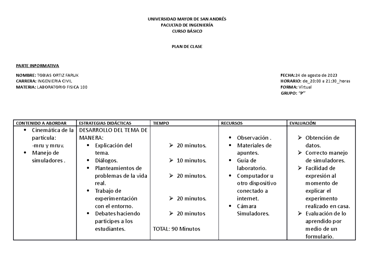 PLAN DE Clase - UNIVERSIDAD MAYOR DE SAN ANDRÉS FACULTAD DE INGENIERÍA