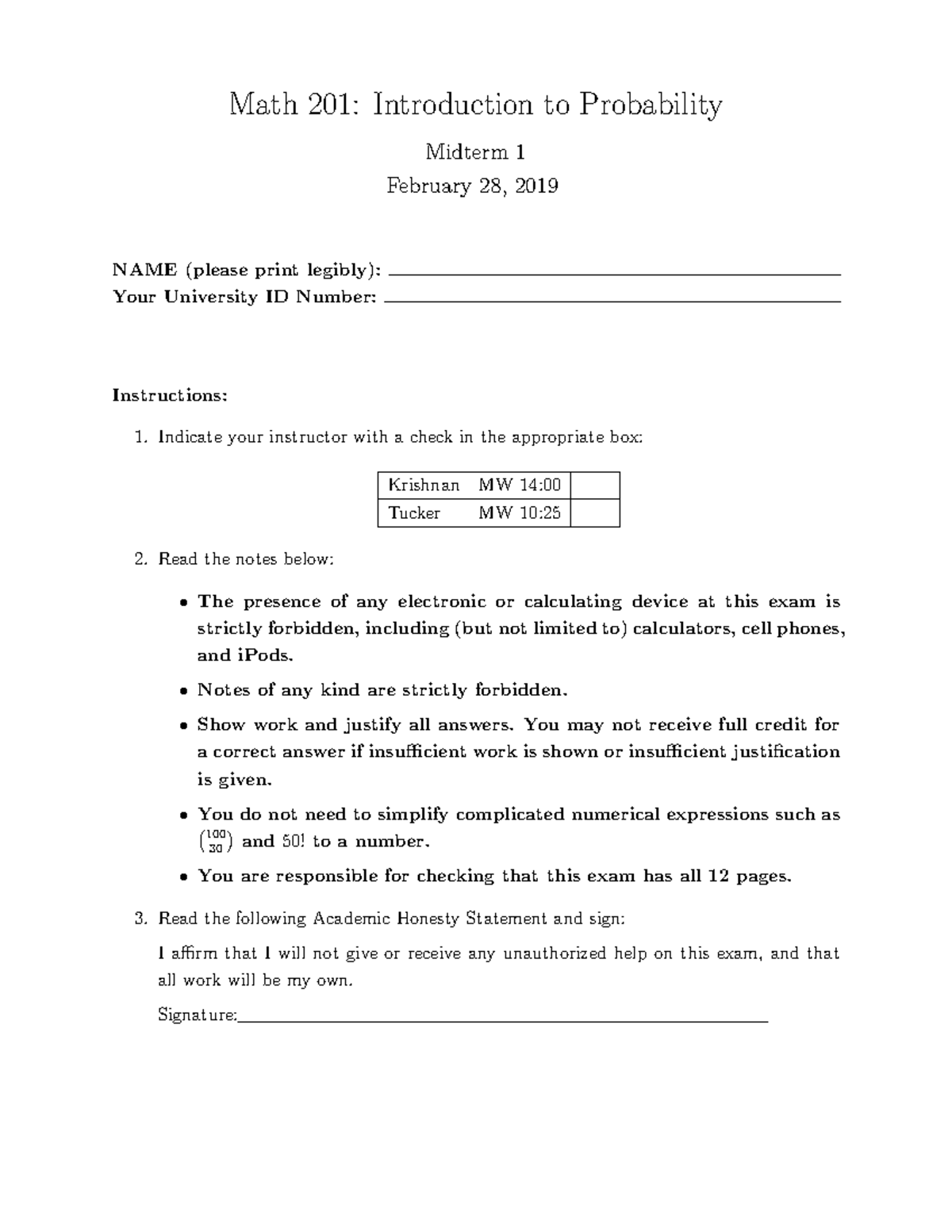 201spring 19midterm 1 solutions - Math 201: Introduction to Probability ...