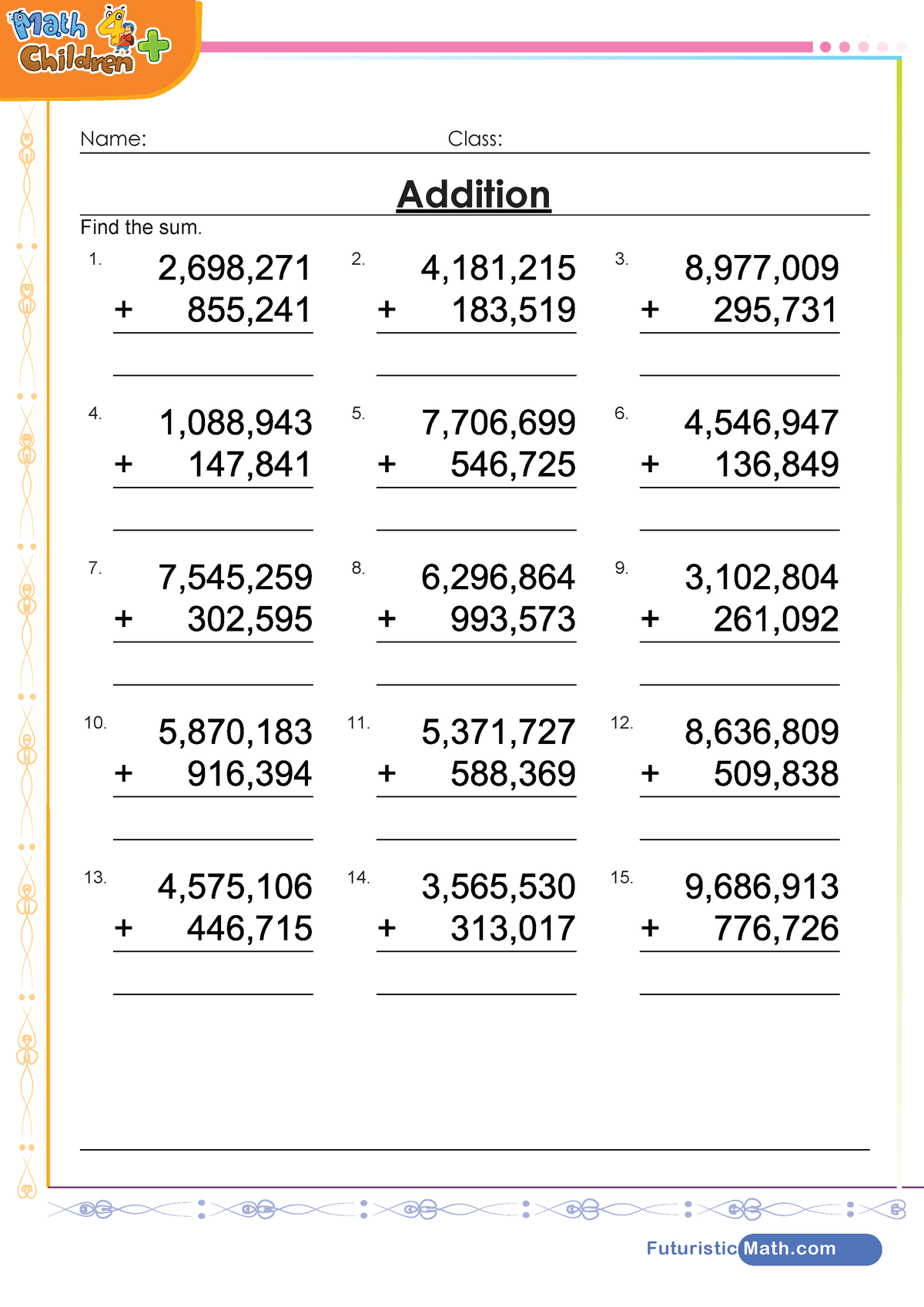 Addition up to millions worksheet - Education - Futuristic Math Name ...