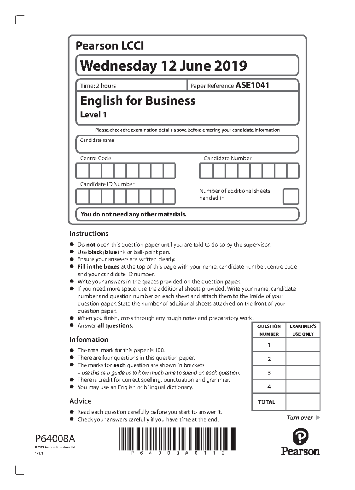 64008 LCCI English for Business Reading and Writing Level 1 ASE1041 Jun ...