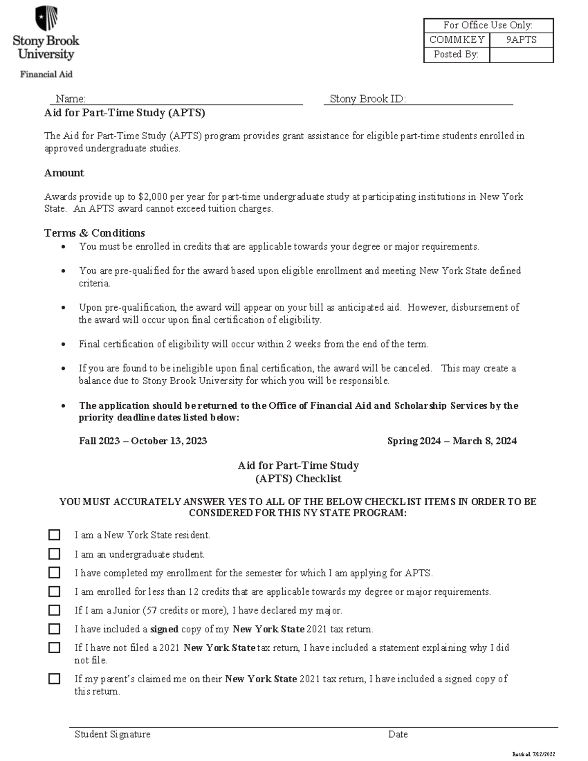 APTS Form bisd For Office Use Only COMMKEY 9APTS Posted By Name