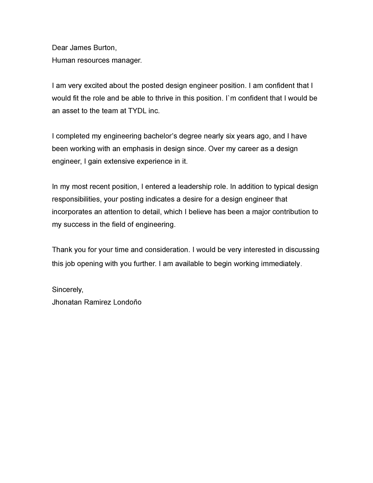 Covering Letter Guideline 2 - Dear James Burton, Human Resources 