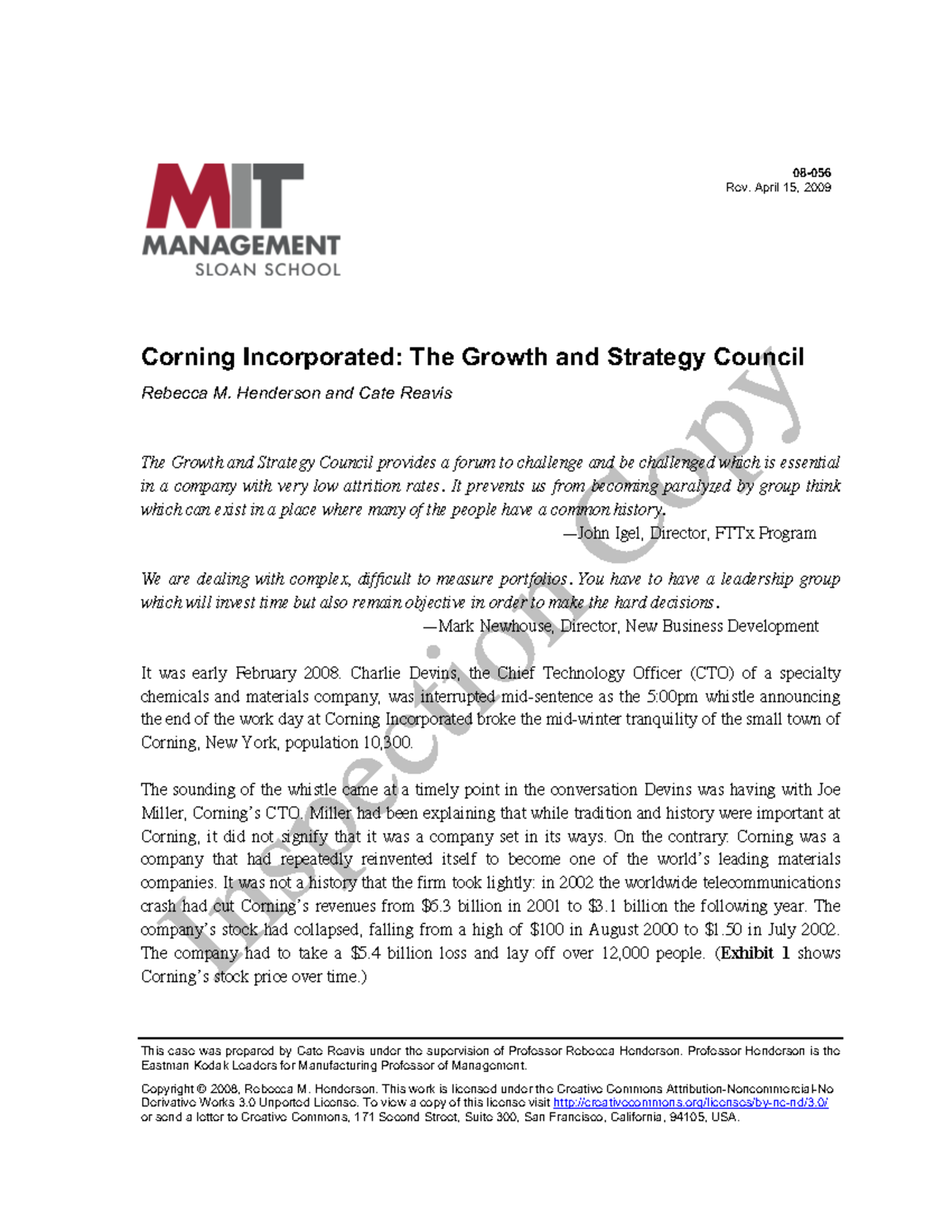 Corning Inc notes This case was prepared by Cate Reavis under the