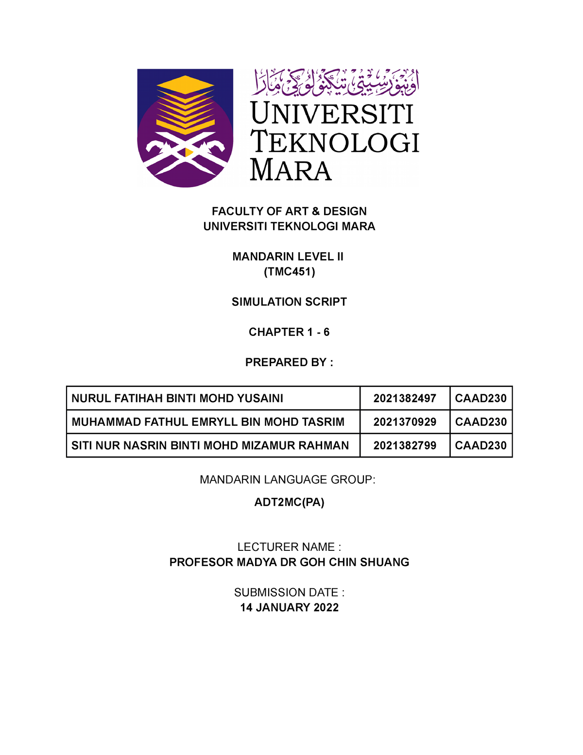 Mandarin Script Group Final FACULTY OF ART DESIGN UNIVERSITI 